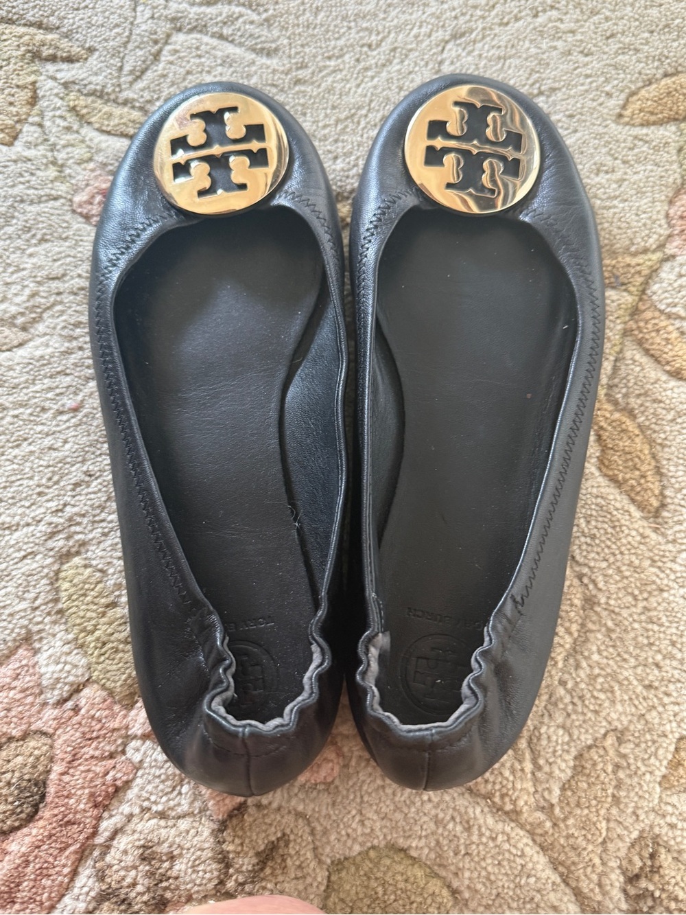 Tory Burch Black Leather Logo Round-Toe Ballet Flats with Gold Emblem
